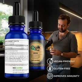 QuikPlus Iron Ionic Liquid Mineral Supplement for Hemoglobin & Ferritin – High Absorption Iron Supplement for Adults – Vegan, Gluten-Free, All Natural – 2 oz Bottle