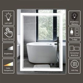 LED Bathroom Mirror Wall-Mounted Vanity Mirror with Anti Fog,Dimmable Waterproof Smart Touch Button Makeup Mirror with Lights Vertical & Horizontal (36x28 Inch)