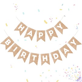 Champagne Gold Shine Happy Birthday Bunting, Kraft Paper Banner Flag for Kid Children Adult Birthday Party Decoration
