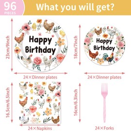 96Pcs Chicken Birthday Party Decorations Disposable Tableware Set - Floral Chick Hens Happy Birthday Paper Plates Napkins Forks Rustic Flower Poultry Dessert Farmhouse Party Supplies Serve 24 Guests