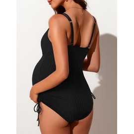Summer Mae Ribbed Maternity Swimsuit One Piece Buttons Pregnancy Bathing Suit Ruched Side Drawstring Swimwear Black 10