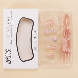 Hkanlre French Medium Fake Nails Tips Coffin Press on Nails Flower Full Cover Rhinestones False Nails for Women 24PCS