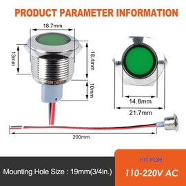 DMWD 2PCS 19mm (3/4") LED Indicator Light, 110-220VAC 20mA Energy Saving Metal Waterproof IP67 Single lamp Pilot Lamp Flat Head with 20cm/7.87in. Wire for Car Truck Boat (Green)