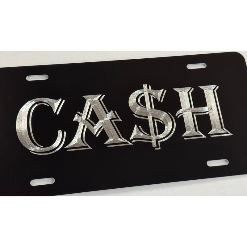 Cash $ Money Car Tag Engraved Gloss Black Silver Etched