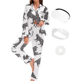 EPLAZA Silk Pajamas for Women Satin Pajamas Set 5 Pcs Long Sleeve Print Pattern Button Down Pjs Sleepwear Loungewear Set (White-leopard cat print, M)