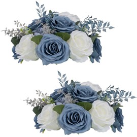NUPTIO Flower Ball Arrangement Bouquet: 2 Pcs 9.4 inch Diameter Dusty Blue & White Rose Fake Flowers Balls for Wedding Centerpiece Decorations Artificial Flower Centerpieces for Tables
