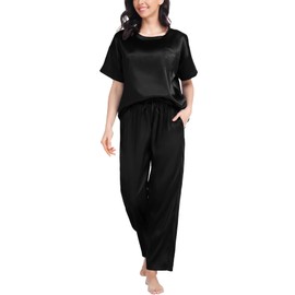 SWOMOG Womens 2 Piece Satin Pajamas Silk Short Sleeve Pjs Sets Capri Bottom Pajama Pants Loose Outfit with Pockets Dull Black X-Large