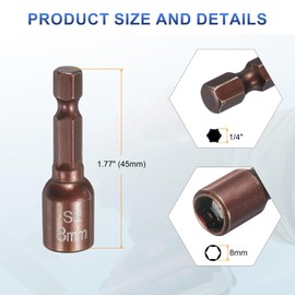 sourcing map 5pcs Magnetic Nut Driver 8mm Hex Drive Socket 1.77" Length Power Screw Drill Bits Socket Wrench Tools with 1/4" Quick Change Hex Shank for Power Drills Impact Drivers, Brown