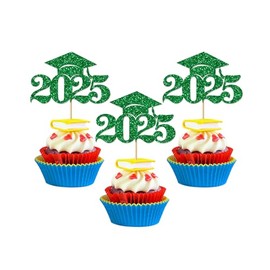 Graduation Decorations 2025-24Pcs Green Glitter 2025 Graduation Cap Cupcake Toppers for Class of 2025 Party Decorations