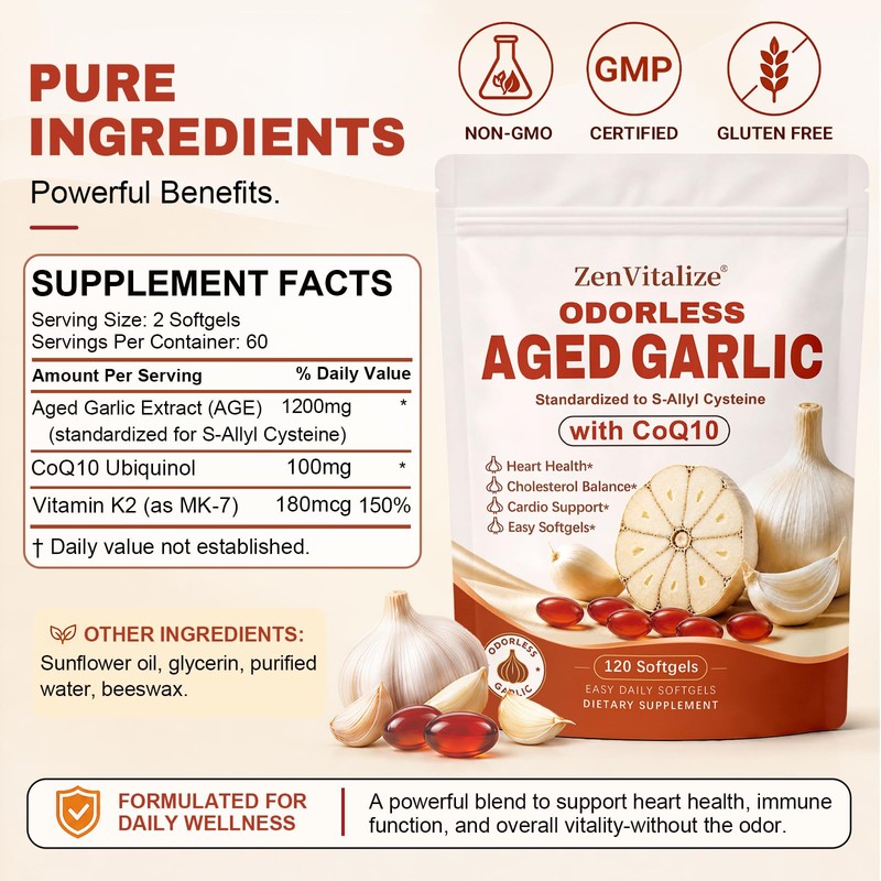 Odorless 2-Year Aged Garlic Extract Softgels with CoQ10 Ubiquinol &