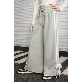 Tween Girls Winter Casual Side White Striped Wide Leg Hiking Pants Elastic Waist Hip Hop Dance Baggy Pants Grey 9-10 Years