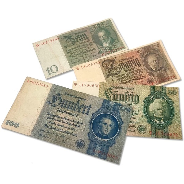 IMPACTO COLECCIONABLES 4 German Reichsmark World War II Banknotes from 1929 to 1935 - Certificate of Authenticity Included