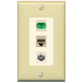 RiteAV 1 Port Fiber Optic Jack SC Simplex APC + Cat6 + Coax Wall Plate - 1 Gang Decorative [Ivory/Light-Almond]