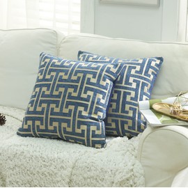 WOMHOPE Throw Pillow Covers Cases Chenille Jacquard Geometric Cushion Square Decoration Shell Pack of 2 (18 x 18 Inch, Dark Blue)