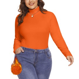 COOTRY Womens Plus Size Fleece Lined Turtleneck Mock Neck Tops Long Sleeve Thermal Shirts Base Layer Orange 5XL