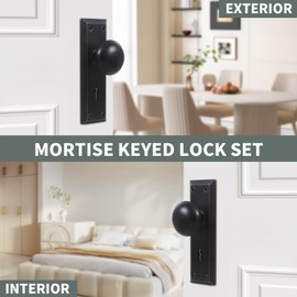 ToPToToo Mortise Lock Set for Interior Door, Vintage Antique Door Knobs with Lock and Skeleton Key, Old Door Knob Replacement Fits 1-3/8 in 1-3/4 in, Matte Black Finish