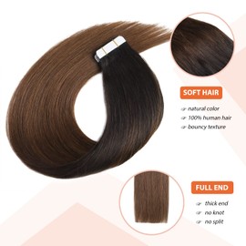 XDhair Tape Extensions Real Hair Natural Black to Dark Brown Ombre Extensions Real Hair 20 Pieces 50 g 45 cm Remy Real Hair Extensions Silky Straight Tape Ins (#1BT4-18)
