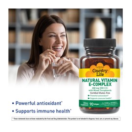 Country Life Vitamin E-Complex 400 IU – Natural Mixed Tocopherols – Antioxidant & Immune Support – Promotes Skin Health & Fights Oxidative Stress – Certified Gluten-Free – 90 Softgels