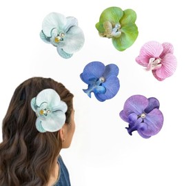 5Pcs Flower Hair Clips Colorful Hawaiian Tropical Orchid Hair Clips with Pearl Bohemian Hairpins with Artificial Silk Flowers for Women Beach Wedding Accessories &Summer Vacation (Green Blue Pink)