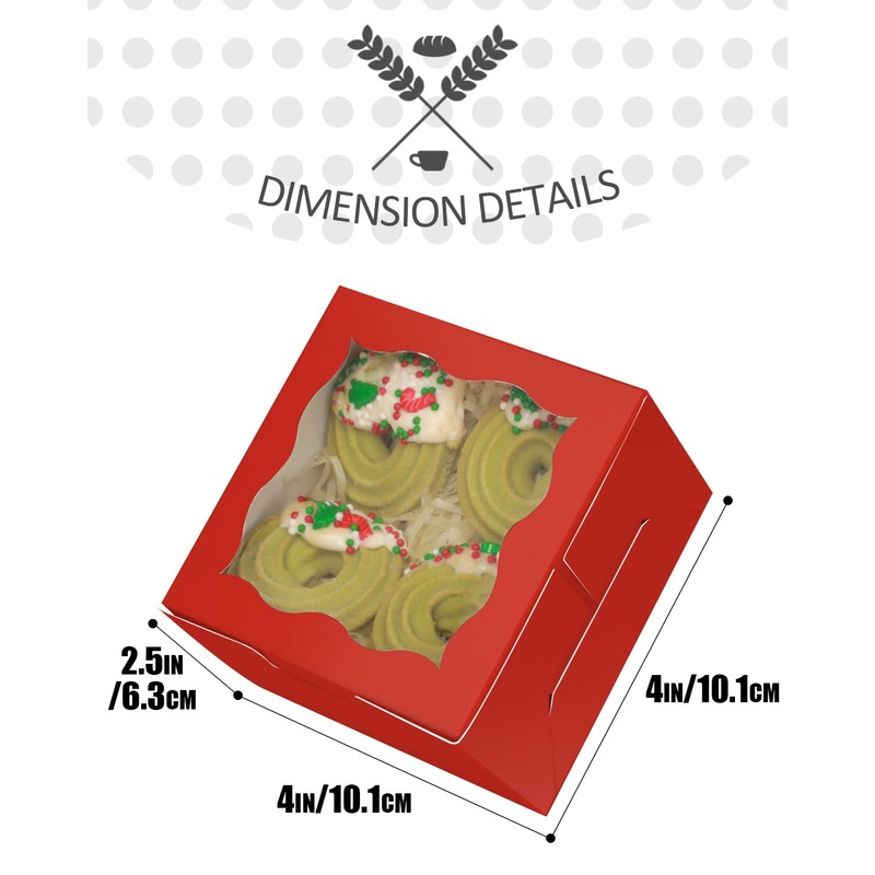 qiqee Red Bakery Box with Window 4x4x2.5 inch 30Packs Macaron
