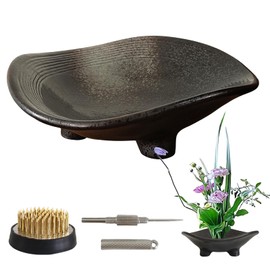 WEOPYCJ Japanese Ikebana Vase, Black Shallow Container Ceramic Flower Arrangement Kit, Floral Frog Flower Container with Kenzan Needle Straightening Tool