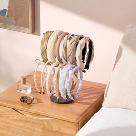 Josmimic Gold Headband Holder and Scrunchie Organizer: Hair Accessory Storage Stand with Black Marble Base, Two-Tier Design for Bathroom, Vanity, or Dresser