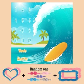 PHMOJEN Baby Monthly Milestone Blanket, Sea Surfboard Waves, Newborns 1 to 12 Months Unisex Include 4 Frames and 1 Headband 47"x47"BTLSPH495