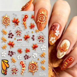 2 Sheet Nail Stickers for Nail Art 3D Maple Sun Flower Nail Art Stickers Fall Nail Decals Orange Red Nail Design Stickers Autumn Nail Stickers for Women