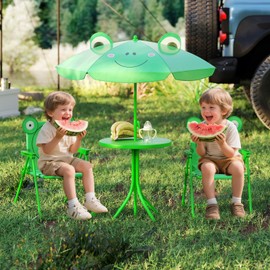 CHEFJOY Kids Picnic Table, Kids Outdoor Table with 2 Folding Chairs, Removable & Height Adjustable Umbrella, Cute Animal Theme Children Outdoor Furniture for Patio, Garden, Backyard (Green Frog)