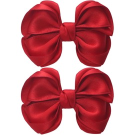 Zolyco Tiny 3 Inch Hair Bow Clips Thick Ribbon - Cute Lined Boutique Alligator Hairpin for Girls, Toddlers, and Little Teens - Kids Barrettes Set of 2 Small Stylish (Red)