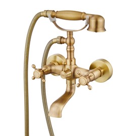 gotonovo Wall Mount Clawfoot Bathtub Faucet with HandHeld Spray and 360° Double Cross Handle Swivel Spout Vintage Tub Shower Faucet Set with Adapter Adjustable Swing Arms Antique Brass