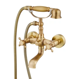gotonovo Wall Mount Clawfoot Bathtub Faucet with HandHeld Spray and 360° Double Cross Handle Swivel Spout Vintage Tub Shower Faucet Set with Adapter Adjustable Swing Arms Antique Brass