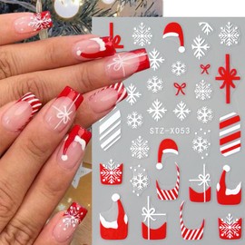 6Pcs Christmas French Nail Art Stickers Snowflake Nail Stickers Xmas Hat Bow Glitter French Tip Nail Design Christmas Nail Decals 3D Self-Adhesive Winter Nail Design Supplies for Holiday Nail Decor