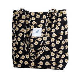 TOPASION Cute Corduroy Tote Bag Canvas Shoulder Handbags for Women Travel Shopping (Flower Black)