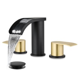 gotonovo Waterfall 8 inch Widespread Bathroom Faucet Set Bathroom Sink Faucet 3 Hole 2 Handle Vanity Lavatory Deck Mount with Pop Up Drain and Water Supply Lines Round Body Brushed Gold and Black