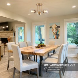 KoKo&Yukina 3-Light Semi Flush Mount Ceiling Light Globe Ceiling Light Mid Century Ceiling Light with Clear Glass Globe & Brushed Brass for Bedroom Hallway Entryway Kitchen Living Room (Bulb Incl.)