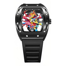 Mens Luxury Tonneau Fashion Transparent Hallow Bottom BuPunk Graffiti Art Dial Hip-hop Unique Sports Wrist Watch Japanese Movement Luminous Design with Silicone Band (Black Black)