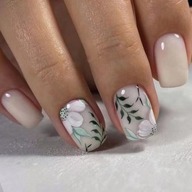 Square Fake Nails Short Press On Nails White Nails Press Ons Full Cover False Nails With Flower Leaf Designs Glossy Lgue On Nails Short Reuseable Stick On Nails Acrylic Nails For Women