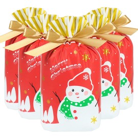 HRX Package Christmas Cookie Bags, 50pcs Plastic Sweet Bags Treat Pouch, Drawstring Candy Gift Bags for Christmas Party Favor Goodie Bags(Red Snowman)
