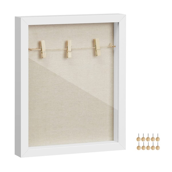 SONGMICS Shadow Box Frame, Picture Frame with Twine, Clothespins, and Stick Pins, for DIY Crafts, Linen Fabric Back, Glass Front, and MDF Border, White RPF007W01
