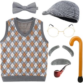 EBYTOP 100 Days Of School Old Man Costume for Kids Boys, 100th Day Dress up Accessories Grandpa Hat Glasses,Old Person Mustache and Eyebrows Cane Prop,4-6 Years