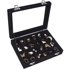 Vicoter Velvet Jewelry Box 24 Grid Jewelry Ring Display Organiser Box Tray Holder Earrings Storage Case for Girls Wife Mom Women (Black)