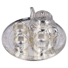 Silver Retro Teapot Set, Exquisitely Carved Coffee Pot Set Beautiful Tea Set with Tea Tray for Coffee, Tea, Wine, Tea Table Decor, Gift