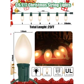 Romasaty C9 Christmas Lights, 25FT Christmas C9 String Lights with 26 Frosted White Bulbs, Hanging Christmas Decoration Lights for Outdoor Patio Party Garden Yard-Green Wire