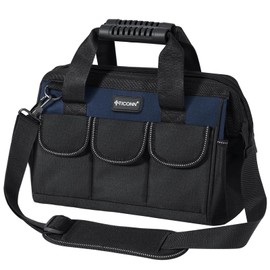 TICONN Tool Bag with Multi-Pockets Wide Mouth Tool Tote with Safety Reflective Straps, Adjustable Shoulder Strap and Ergonomic Handle (Blue, 12" Standard Base)