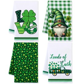 Peryiter 4 Pcs St. Patrick's Day Kitchen Towel Lucky Truck Dish Gnome Shamrock Buffalo Plaid Decoration Irish Tea Towels Holiday Decor House Warming Gifts for Kitchen Bathroom