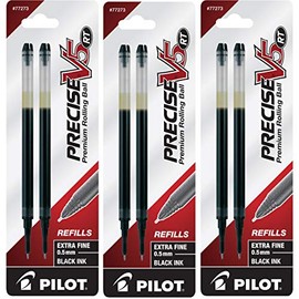 Pilot, Precise V5 RT Liquid Ink Refills, Extra Fine Point 0.5 mm, Black, Pack of 6