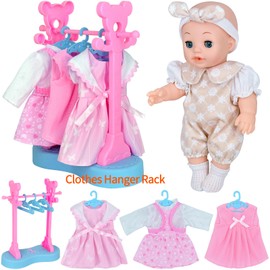 Besurejoy 12'' Baby Doll Playset with Clothes Hanger Rack,4 Outfits, Swaddle Blanket Bib Diaper Pacifier Feeding Bottle Dress Backpack and Accessories.17 PCS Pretend Play Reborn Toy Girl Kids Gift Set