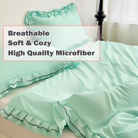 LMONMOO Green Duvet Cover Queen, Chic Lace Bedding Set with Double Ruffle, 3 Pieces Luxury Princess Style Comforter Cover Soft Breathable for Girls Kids Teen, All Season (Green, Queen)