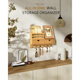 Rebee Vision Modern Farmhouse Key Holder Wall Mount with 2 Drawer Organizer - Mail Holder for Wall with 6 Key Hooks - Ideal for Entryway, Kitchen, and Living Room Decor (Light Brown)